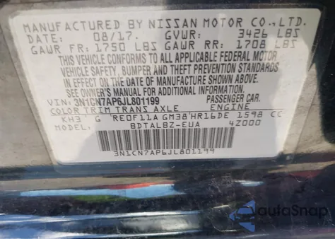 2018 Nissan Versa 1.6 Sv z USA, uszkodzony, nr VIN 3N1CN7AP6JL801199